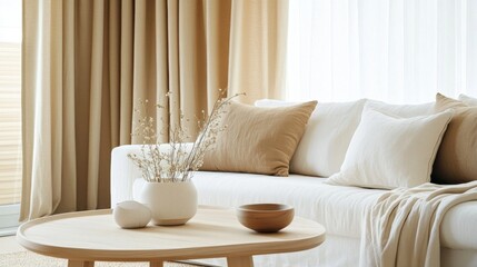 75.A modern minimalist living room with a Scandinavian design, featuring a white sofa and light wooden coffee table. Soft beige curtains provide a sense of warmth, and natural light floods the room