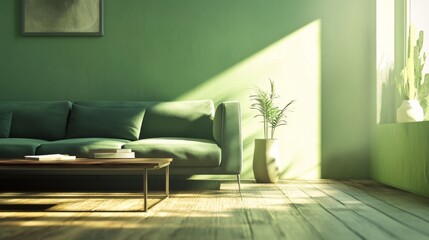 76.A modern living room with a green sofa placed against a complementary green wall. The scene features a wooden floor, adding warmth and texture to the space. A sleek, minimalistic coffee table sits