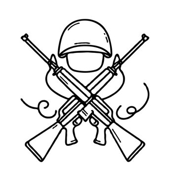 Soldier silhouette with crossed rifles and helmet in an emblem design  