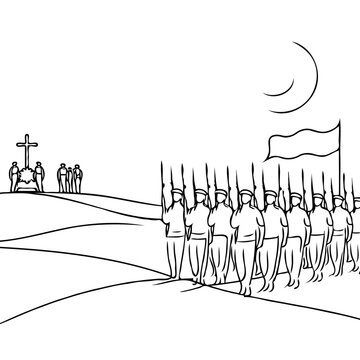 Soldiers marching in a funeral procession with a cross and flag  