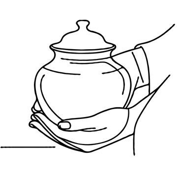 Hands holding decorative urn in minimalist line art style  