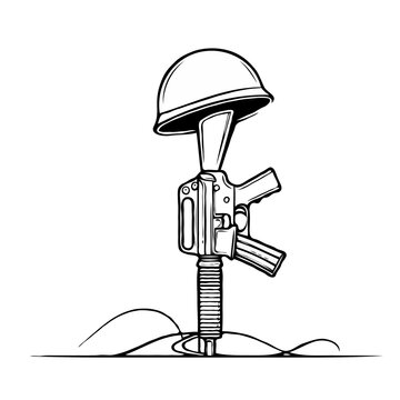 Military helmet resting on a rifle in a sandy environment, memorial 