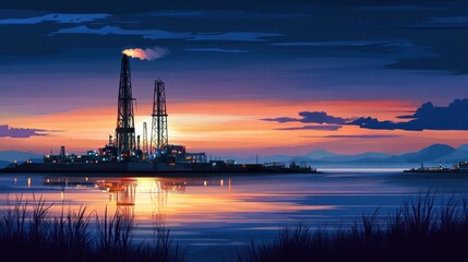 Obraz premium Oil rig at sunset over calm water