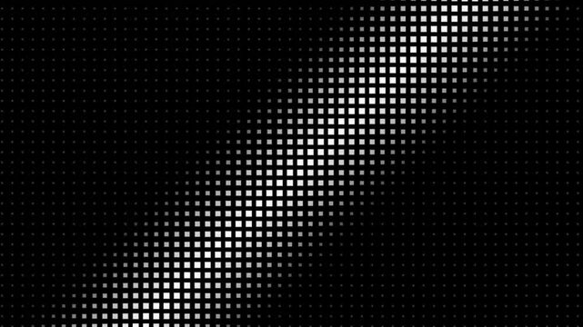 Looping Diagonal Light Ribbon Halftone Animation with Smooth 45-Degree Drift Across White Square Dot Grid on Black Background Featuring Gradual Brightness and Scale Transitions