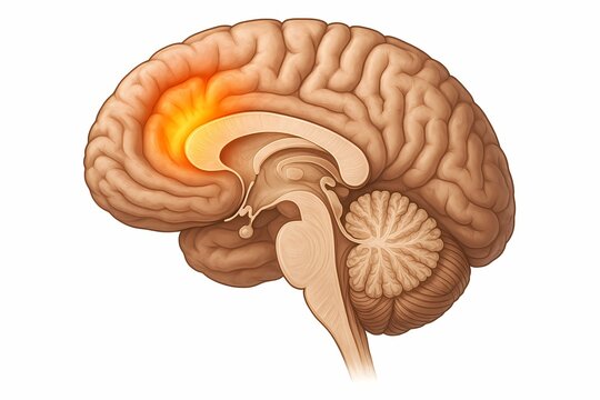 High-quality medical illustration showing activation of the orbitofrontal cortex in the human brain. Useful for neuroscience, psychology, and medical education.