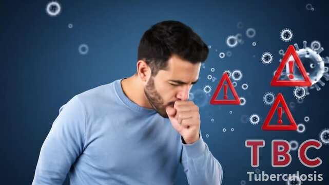 Man coughing with tuberculosis symptoms alongside virus and warning signs animation on a blue background highlighting the severity of respiratory illness