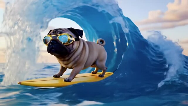 Pug Surfing Epic Wave A Fun Summer Adventure with a Cool Canine Surfer Dude