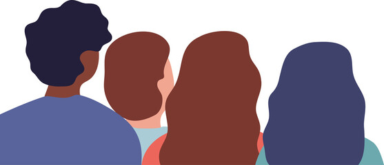 Four diverse people seen from behind, looking forward, showcasing community and social gathering with minimalist design.
