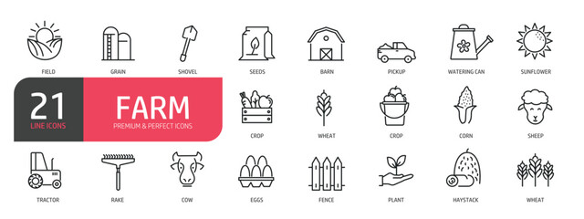 Set of line icons related to field, grain, sunflower, crop, tractor. Outline icons collection. Editable stroke. Vector illustration.