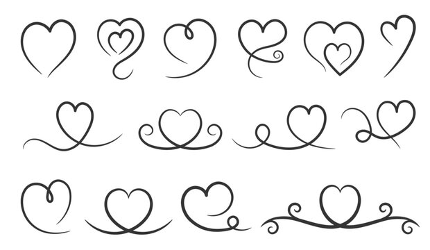 Collection of decorative heart elements with calligraphic swirls and line art, vector eps10 illustration