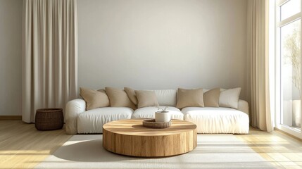 99.A light and airy Scandinavian-style living room with a focus on minimalist design, featuring a white sofa with soft, inviting cushions. The wooden coffee table complements the light-colored