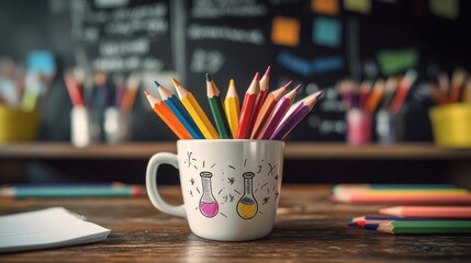 Colorful pencils in a mug on a wooden desk