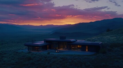 Modern home nestled in valley at sunset