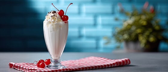 commercial food beverage plating concept. Delicious milkshake topped with whipped cream and cherries on a checkered napkin.