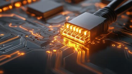 Close-up of glowing network cable connector on circuit board