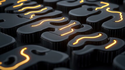 Abstract, dark, 3D forms, glowing yellow lines