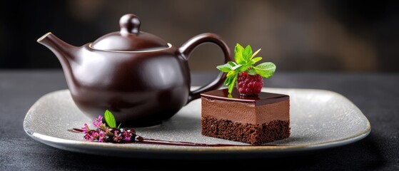 commercial food beverage plating concept. Elegant tea set with chocolate dessert and fresh mint on a textured plate.