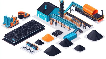 Isometric view of a coal processing plant with various machinery and storage areas