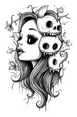 Elegant Skull Woman with Floral Accents in Artistic Black and White Design