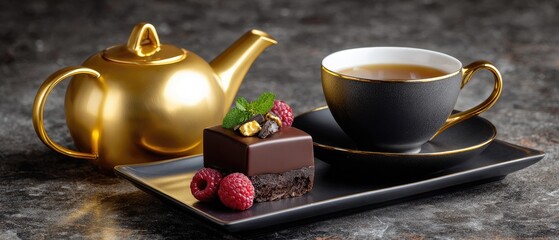 commercial food beverage plating concept. Elegant tea set with a chocolate dessert and raspberries on a dark textured surface.
