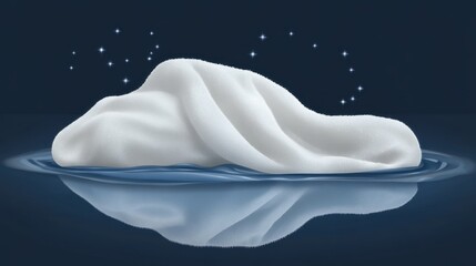 White cloth iceberg floats on dark water, starry night