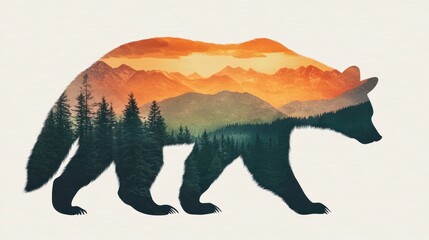 Bear silhouette, mountain landscape double exposure