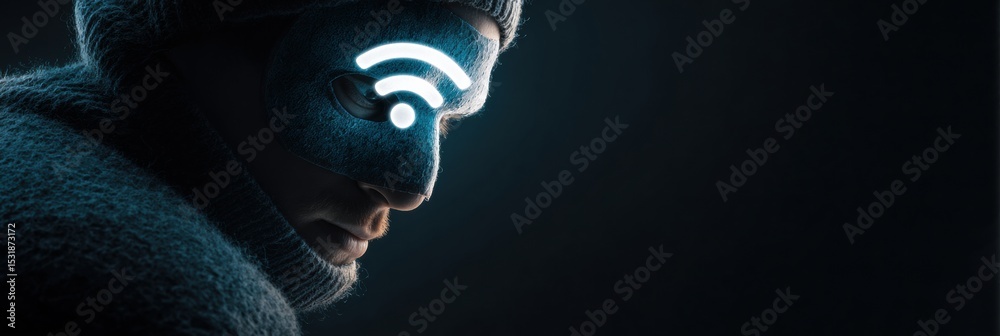 Aufkleber masked hacker avatar fishing for wi-fi symbol in dark cyberspace with a clean layout