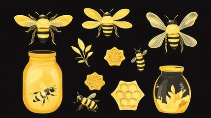 Honeycomb and bees illustration set on black