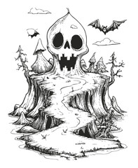 Fototapeta premium Spooky Skull Mountain Landscape with Trees and Bats in Black and White