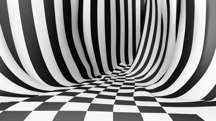 Abstract black and white striped tunnel with checkered floor
