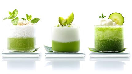 Green dessert trio, studio shot, white background, recipe