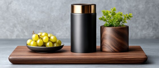 commercial food beverage plating concept. Modern arrangement of grapes and plants in stylish containers on a wooden tray.