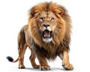 Young eight-month-old male lion, Panthera leo, isolated on a white background with prominent mane, showcasing its majestic wild feline nature