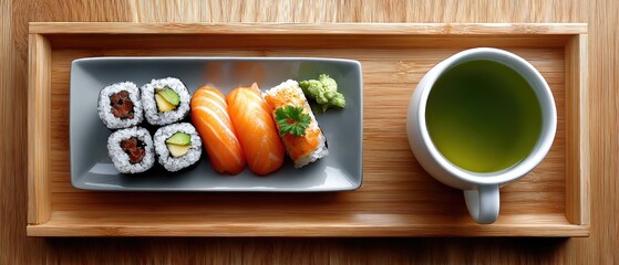 commercial food beverage plating concept. Sushi platter with green tea on a wooden tray, showcasing a vibrant culinary arrangement.