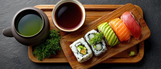 commercial food beverage plating concept. Delicious sushi platter with green tea on a wooden serving board.