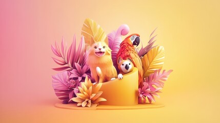 Pastel animals, tropical plants, 3D art