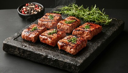 Six Grilled Beef Steaks on Dark Stone Plate with Herbs and Spices