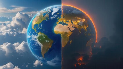 Naklejka premium Climate change impact on earth global environment digital art dramatic contrast aerial view environmental awareness