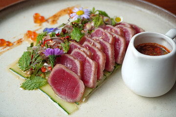 Seared Tuna Salad with Spicy sauce in Thai Northern Style. Beautiful Fusion food, Fine dining plate decorating ideas