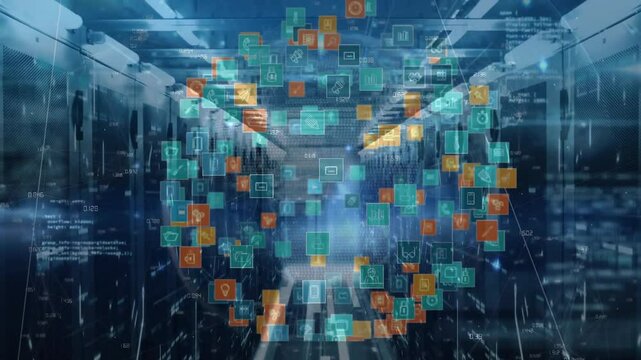 Faint teal-orange icons floating expanding converging then dispersing in server corridor