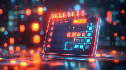 Futuristic Glowing Neon Calendar in City Nightscape