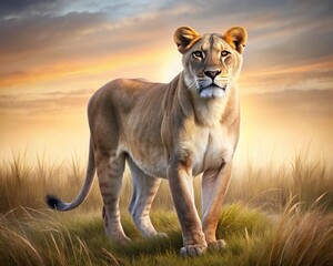 Majestic wild animals: a lion and lioness, a lion in the grass, and a young lion cub