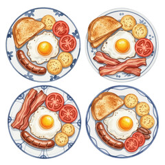 Four plates of watercolor breakfast with eggs, bacon, sausage, toast, tomatoes, and potato cakes