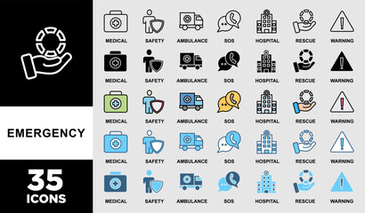 EMERGENCY icon set with various styles and colors of urgency, medical, safety, ambulance, sos, hospital, rescue, and warning