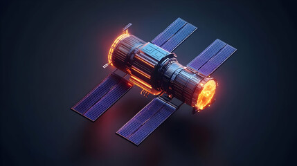 Futuristic Low-poly Satellite in Space, Glowing Orange and Blue