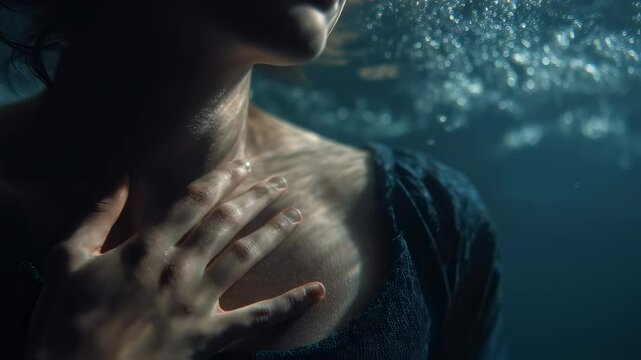 Cinematic underwater close up of a young woman holding her breath as air bubbles rise to the surface, creating a dramatic and evocative scene