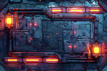 Futuristic Metal Circuitry Panel With Glowing Orange And Red Lights