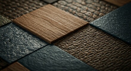 A close up of a variety of different colored tiles, including brown and blue