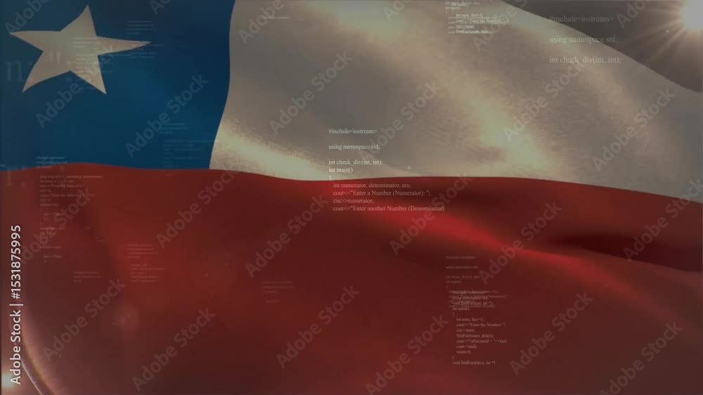 Poster subtle light appearing and initiating chilean flag undulating with scrolling code showing data