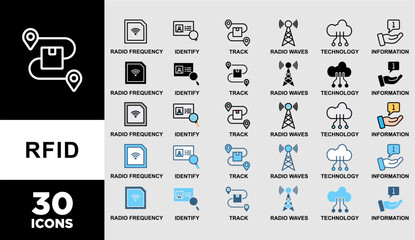 RFID icon set with various styles and colors of radio frequency, identify, track, radio waves, technology, and electronic information
